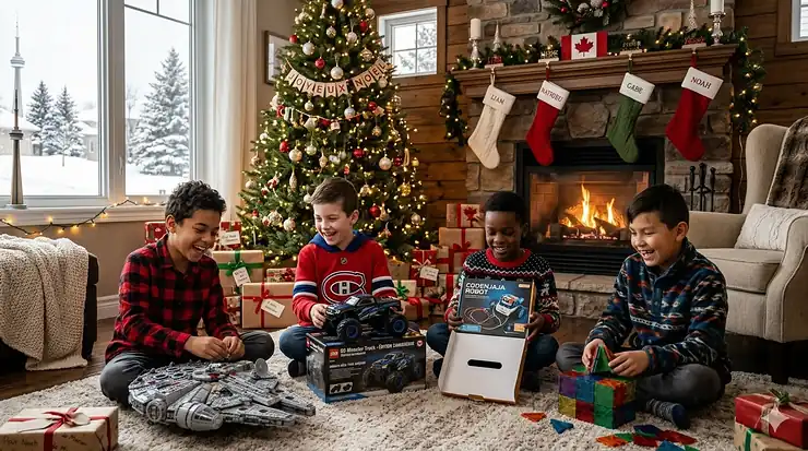 A group of happy Canadian boys opening popular Christmas toys near a decorated fireplace in a cozy living room with a snowy view. Christmas toys for boys