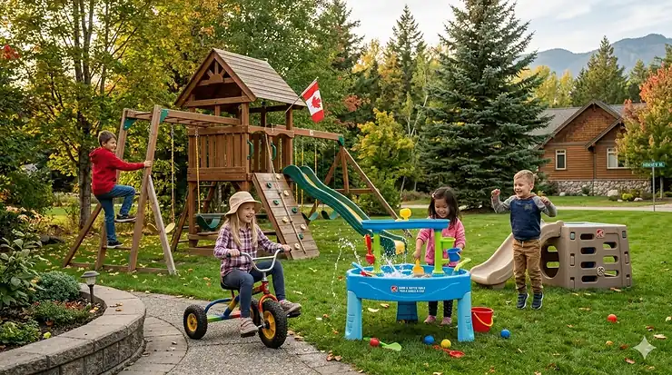 A group of diverse Canadian children playing with premium outdoor toys in a lush green backyard with pine trees. outdoor toys Canada