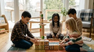 Hand-painted wooden alphabet blocks showing English and French letters for Canadian bilingual play.