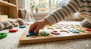 A close-up, highly detailed photograph of a toddler’s hand placing a colorful wooden 'A' piece into a natural maple wood alphabet puzzle. The puzzle features English and French vocabulary words (APPLE/POMME) next to each letter slot, designed for Canadian bilingual learning.
