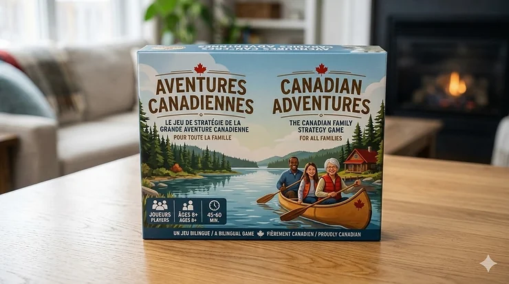 Close-up of a bilingual English and French board game box suitable for Canadian families. board games for families