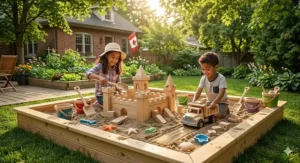Educational outdoor toys featuring English and French labeling for the Canadian market.