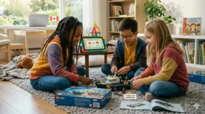 An educational tablet showing English and French text, representing bilingual learning toys under $100 available in Canada.