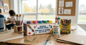 Illustration of eco-friendly art supplies for kids featuring bilingual English and French packaging labels common in Canadian retail.