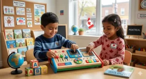 Educational tablet and alphabet blocks showing English and French letters, ideal bilingual birthday toys for kids in Quebec and across Canada.