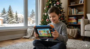 A young French-Canadian boy interacting with a bilingual English and French learning toy tablet in a cozy living room with a Christmas tree.