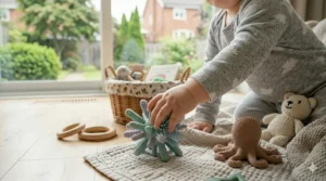 Illustration showing English and French bilingual labeling on organic teething toy packaging.