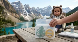 A cute illustration of a baby with a teether, featuring English and French text: "Soothing / Soulagement."