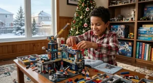 A young Canadian boy intently assembling a detailed, multi-level building and construction set at a sunlit wooden table in a playroom.