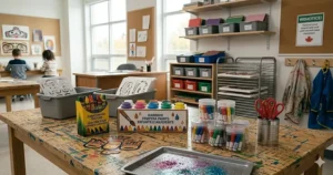 A flat-lay illustration of essential art supplies for kids found in Canadian elementary schools, including non-toxic markers and safety scissors.