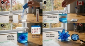 A young girl looking through a magnifying glass from her chemistry set for kids, with a subtle Toronto skyline silhouette in the background.