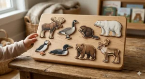 A detailed, high-resolution photograph of a natural wood puzzle board designed for toddlers, resting on a rustic oak surface. The board features precisely carved, painted wooden animal pieces depicting prominent Canadian wildlife: a moose, a Canada goose, a beaver, a polar bear, and a caribou, illuminated by soft natural light.