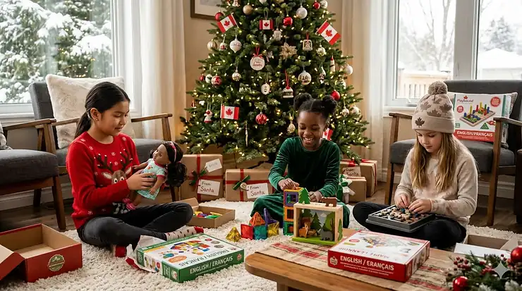 A group of girls playing with popular Christmas toys in a cozy Canadian living room with a decorated tree and festive holiday decor.