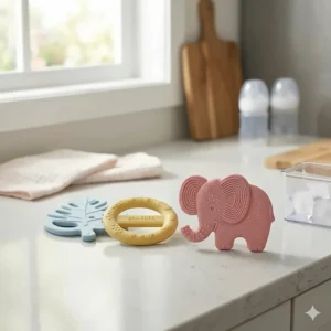 Step-by-step diagram showing how to wash and sanitize refrigerator teethers for babies in warm soapy water.