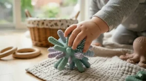 A curated gift box of organic teething toys for a Canadian eco-friendly baby shower.