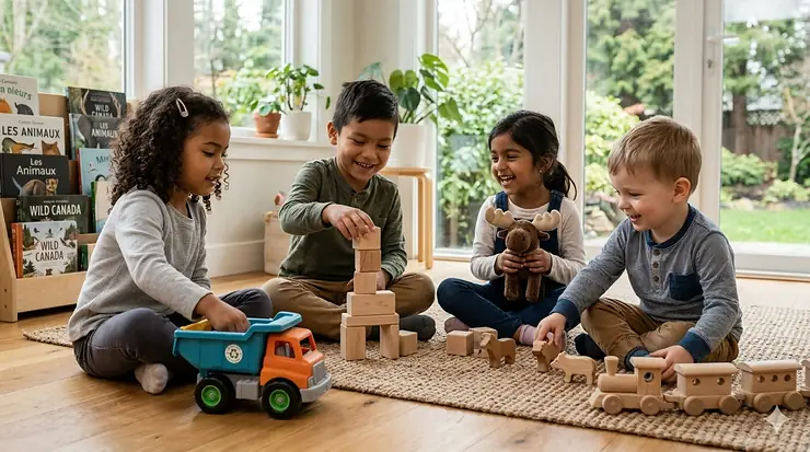 A group of Canadian children playing with sustainable wooden blocks and recycled plastic trucks in a bright, modern living room.