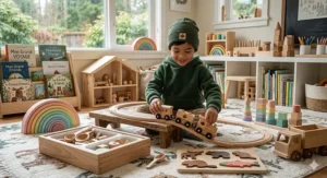 Minimalist wooden train set and rainbow stacker, representing sustainable and eco-friendly birthday toys for kids.