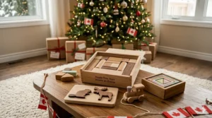 Sustainable and eco-friendly wooden Christmas toys for girls, featuring natural materials and Canadian-inspired designs.