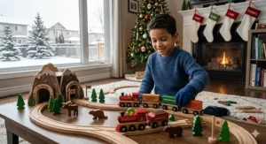A young Canadian boy playing with a handcrafted sustainable wooden toy train set featuring Canada Rail boxcars and a mountain tunnel.