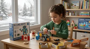 Illustration of a young girl building a robot kit, highlighting STEM-focused birthday toys for kids available in Canada.