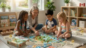 A family gathered around a table playing a classic strategy game, illustrating the best value family toys under $100 in Canada.