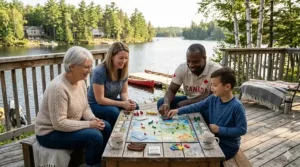 Illustration of kids playing a tabletop game on a wooden deck at a Canadian summer cottage.