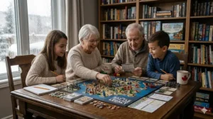A spread of classic Canadian snacks next to a game board, emphasizing a fun family game night.