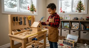 A young Canadian boy in a plaid shirt playing at a detailed wooden toy tool bench with small toy tools in a cozy basement playroom.
