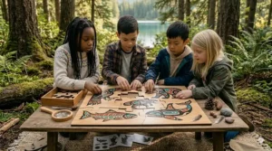 High-quality wooden floor puzzle featuring Pacific Northwest Indigenous-style animal art.