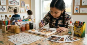 Illustration of a child learning about First Nations cultures using specialized art supplies for kids like earthy pigments and stencils.