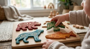 A 4K photorealistic photograph of a small toddler's hand placing a colorful, handcrafted wooden Thunderbird piece into an Indigenous-style art puzzle. The puzzle is made of natural maple wood with visible grain and features chunky pieces depicted in First Nations formline art—including a red bear and a blue wolf—set on a rustic wood surface in a sunlit playroom.