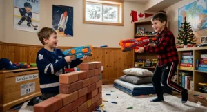 Two joyful Canadian boys playing with colorful foam blasters and darts within a cozy basement playroom featuring a Toronto Maple Leafs jersey.