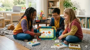 Illustration of a child using a wooden balance board indoors during a Canadian winter, highlighting affordable active toys under $100.