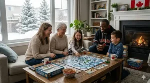 Stylized art of a family playing board games indoors while it snows outside in a Canadian suburb.