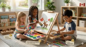 A flat-lay illustration of an all-in-one art easel and painting kit, showcasing creative toys under $100 for rainy days.