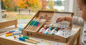 A curated gift box of premium art supplies for kids, branded for a Canadian birthday or holiday celebration.