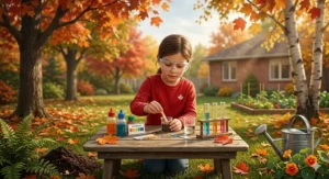 Illustration of essential safety gear included in chemistry sets for kids, featuring adjustable goggles and a lab coat with a Canadian flag patch.