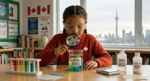 Illustration of common household items used alongside chemistry sets for kids to create safe, colorful chemical reactions at home.