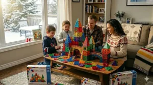 A wrapped Magna-Tiles set with a Happy Birthday card, highlighting it as a top-rated toy gift in Canada.