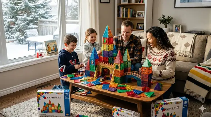 A Canadian family building a large colorful castle using various Magna-Tiles sets on a living room rug, promoting indoor STEM play.
