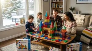 Children building a magnetic tile tower indoors while it snows outside, a perfect winter activity for Canadian kids.