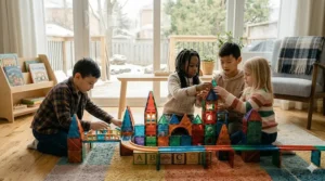 Vibrant magnetic tiles used for screen-free creative building, a popular choice for Canadian families.