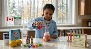 A 3D illustration of a child building a water molecule using a chemistry set for kids, focusing on molecular structures.