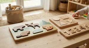 A 4K photorealistic photograph capturing three distinct, chunky wooden puzzles for toddlers made from sustainably sourced natural maple wood. The puzzles feature woodland animals and geometric shapes with smooth, rounded edges and visible wood grain, resting on a light wood surface under warm natural daylight in a cozy playroom.