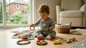 Illustration of a maple leaf shaped organic teething toy made from 100% natural rubber.