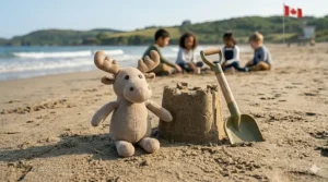 A soft moose plushie made from 100% organic cotton, highlighting locally-inspired eco-friendly toys for toddlers.