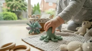 An illustration of a baby wearing an organic cotton teething mitten, ranked among the best teething toys for infants who prefer chewing on their hands.