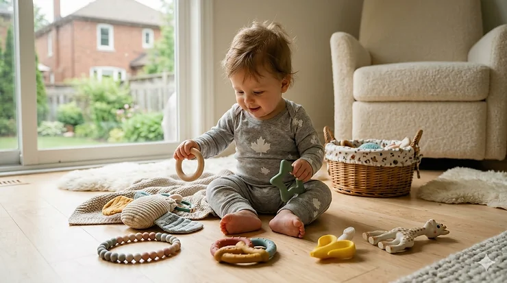 A Canadian baby playing with non-toxic organic teething toys in a bright, modern nursery.