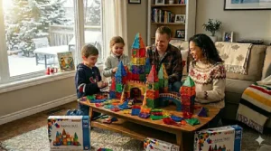 Multiple Magna-Tiles sets neatly organized in bins within a modern Canadian home playroom.