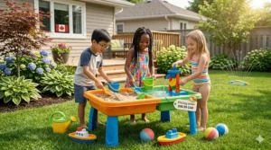 Kids playing with a sturdy backyard sprinkler and toy gardening set, perfect for Canadian summer toys under $100.